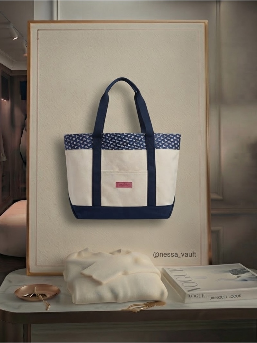 Vineyard Vines Cream and Navy Canvas Tote with Pink Logo